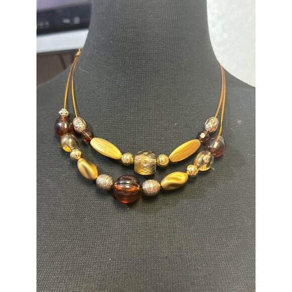 Goldtone, Amber Animal Print Beaded Layered Necklace 18 inch - Picture 2 of 4